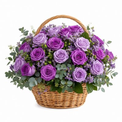 фиолетовые розы в корзине, доставка