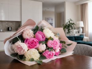 Пионы — букет розовых и белых пионов с эвкалиптом на столе в светлой квартире