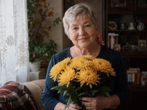 Пожилая женщина с букетом жёлтых хризантем