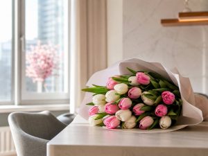 Тюльпаны — букет розовых и белых тюльпанов на столе в светлой квартире